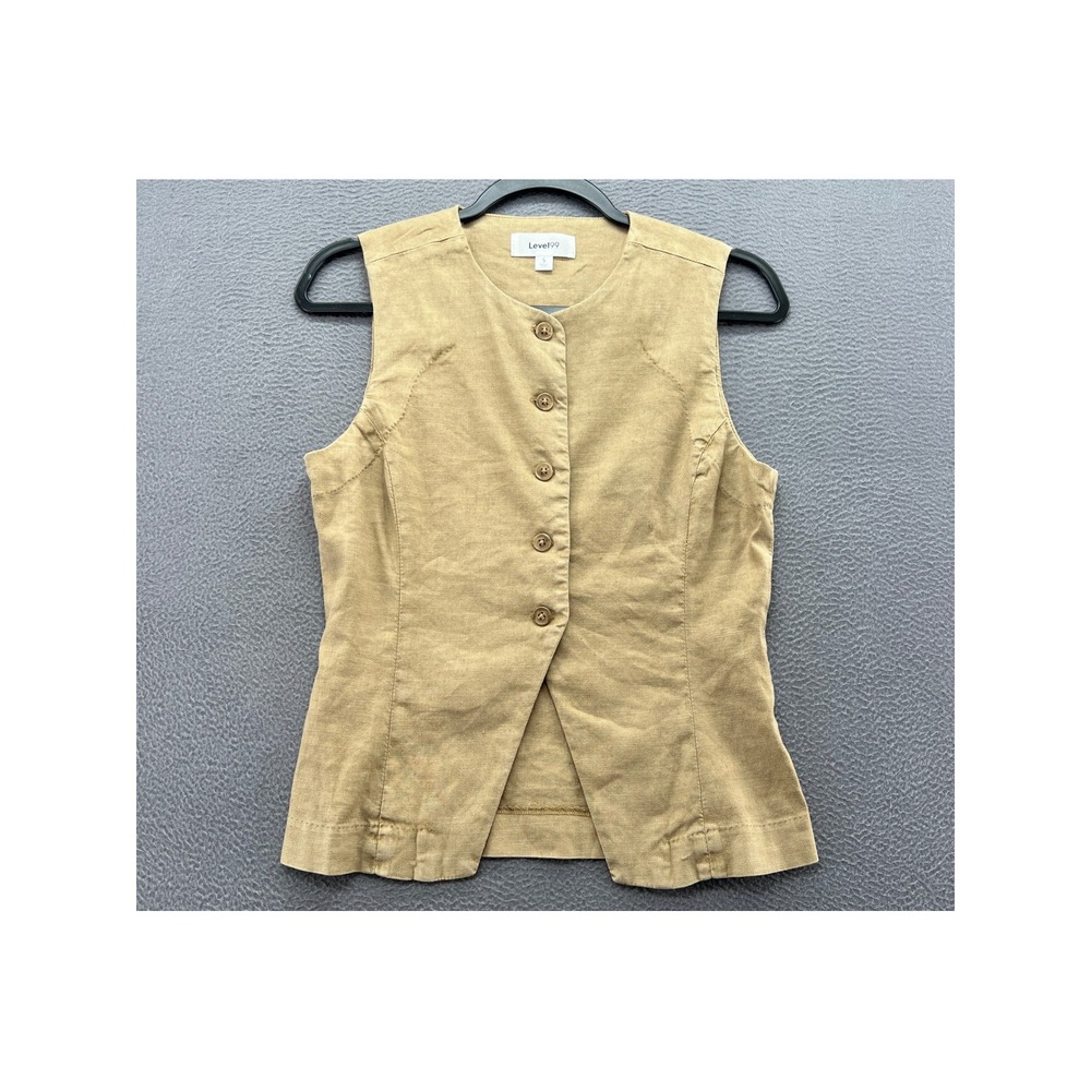 Level 99 Vest Womens S Tan Khaki Button Front Sleeveless Top Split Hem